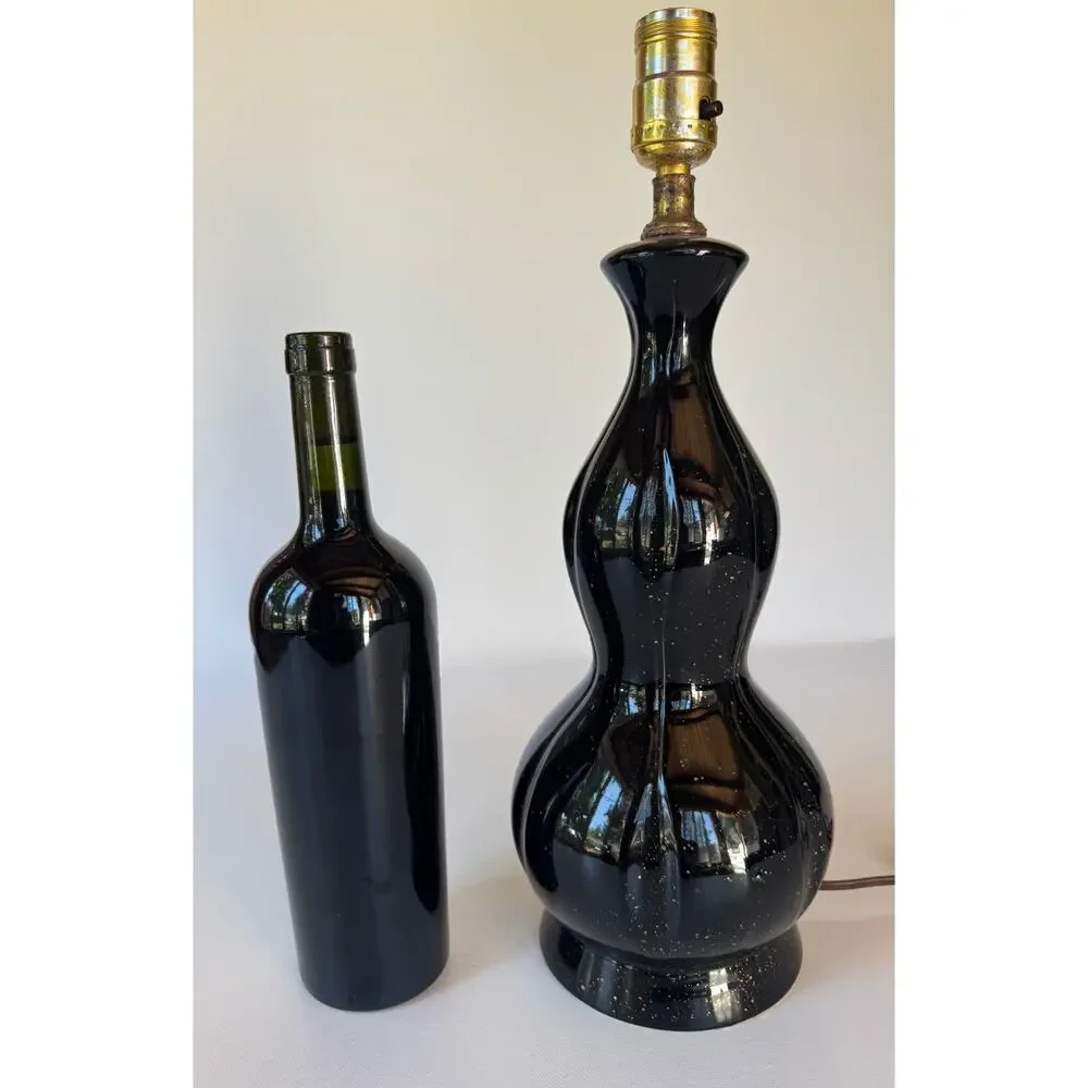 Vintage Black Ceramic Gold Spatter Table Lamp Glossy Mid Century 16.25